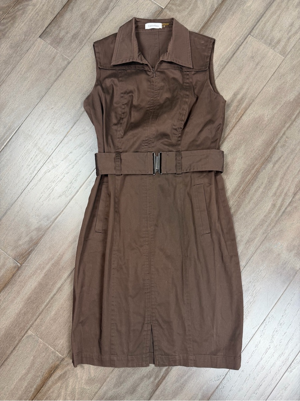 Calvin Klein Chocolate Brown Sleeveless Belted Shirt Dress